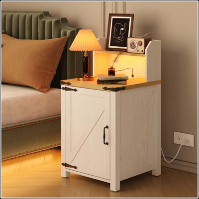 OKD Nightstand With Charging Station, 18 Inch Farmhouse End Table With Barn Door And Adjustable Storage Shelf, Rustic Wood Sofa Side Table W/Magnetic by Latitude Run