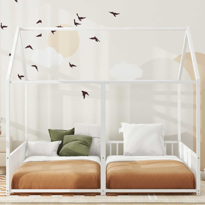 Lits simples en métal pour chambre à coucher, en forme de maison avec barrière de sécurité, plateforme de taille blanche 2 lits côte à côte et coffre-fort à utiliser
