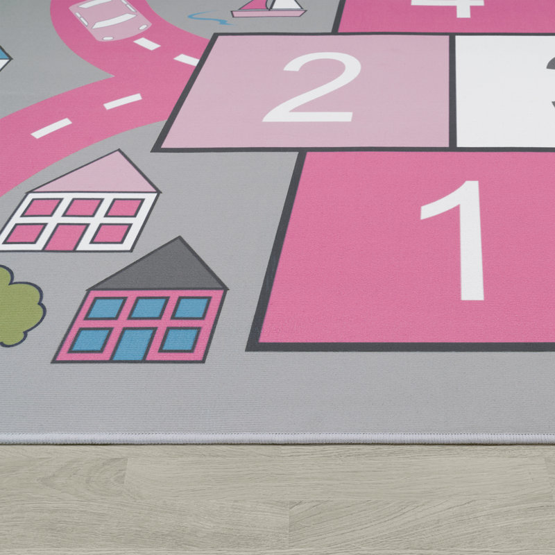 Delorenzo Children's Rug Street with Bouncy Box Game Power Loom Pink/Grey Rug, Square 200 x 200cm