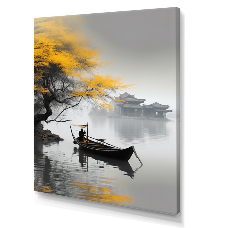 Art asiatique, bateau jaune, monochrome, H 32 po x l 16 po x P 1 po, Toile tendue