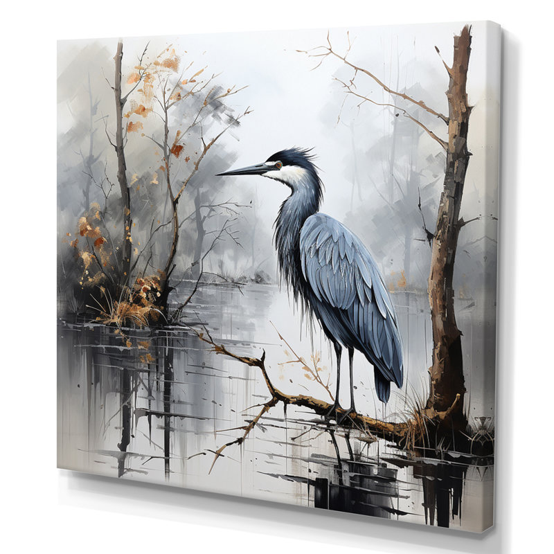 Heron Solitary Reflections Pointillism III - Animals Wall Art Prints, H 16 po x l 16 po x P 1 po, Toile tendue
