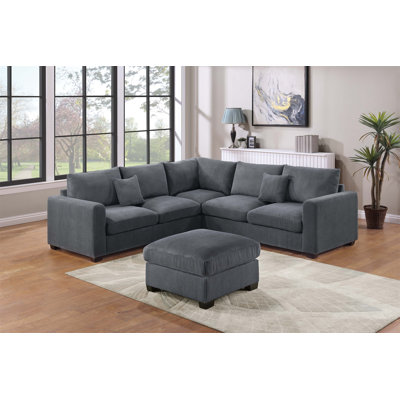 Ensemble de canapé modulaire en forme de L de style moderne avec repose-pieds 4 pièces et accoudoirs carrés en velours côtelé revêtu de gris foncé
