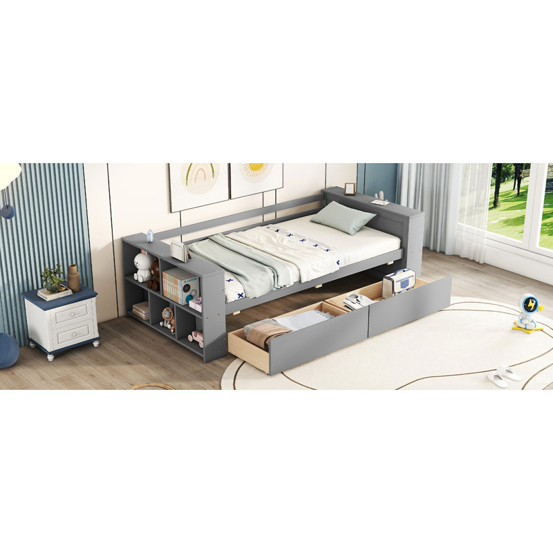 Lit de jour simple avec tablettes et tiroirs, Gris