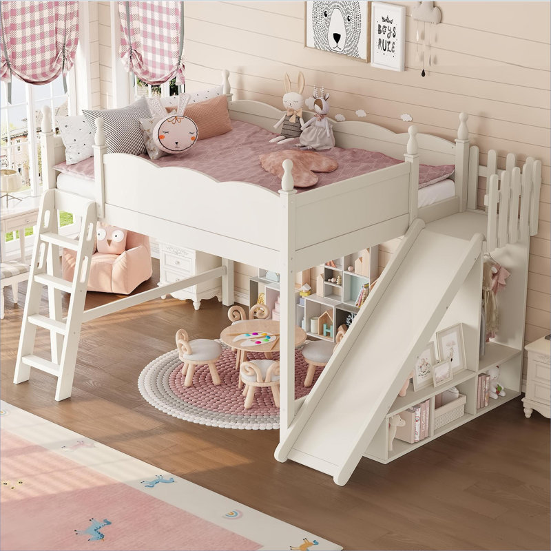 Warm beige queen size loft bed with detachable slide, solid blended wood construction, built-in storage shelves and wardrobe, no box spring needed