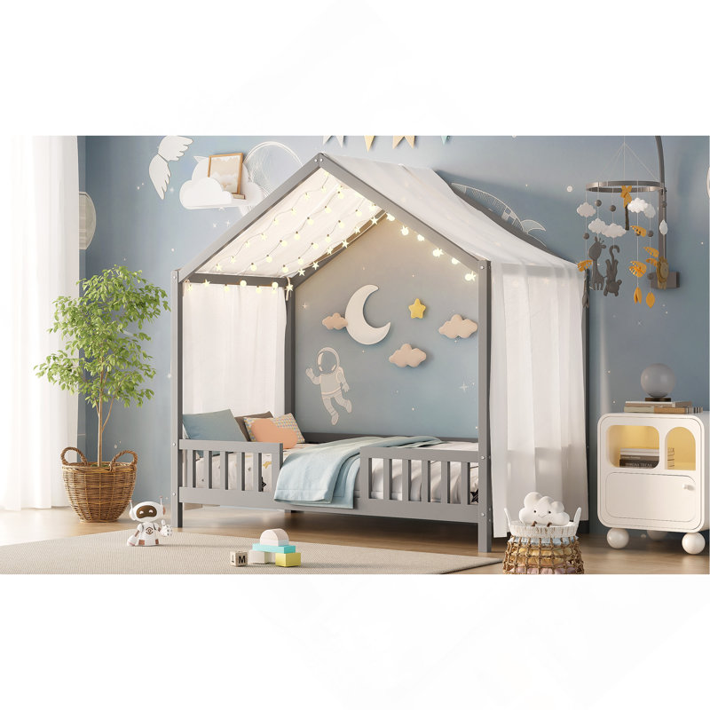 Twin Bed Frame Montessori Floor Bed with Canopy, for Kids, House Shape Toddler with High Railings, Kids Bed with Roof, Kid Bed, Grey
