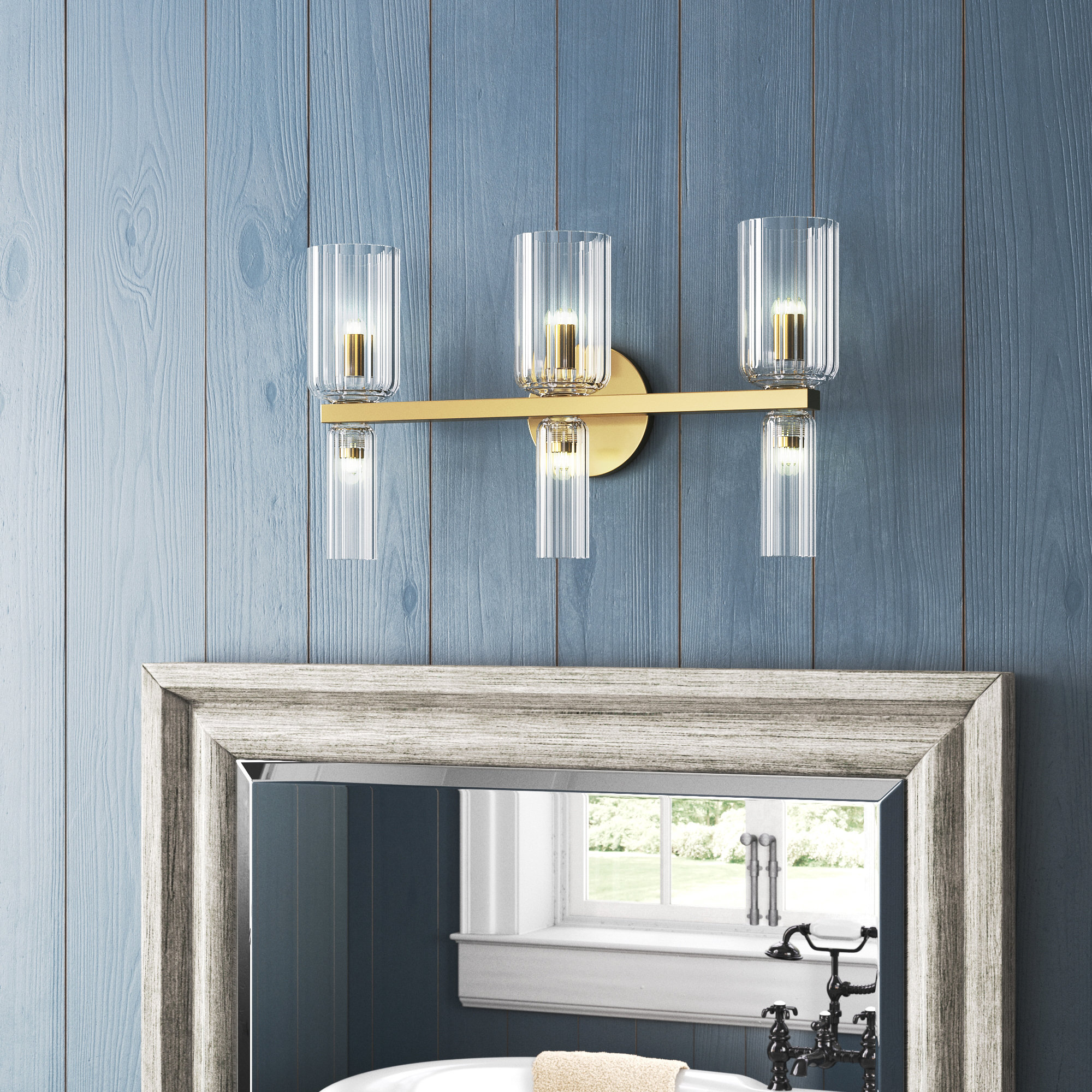 6 Light Transparent Vanity Light, Aged Brass