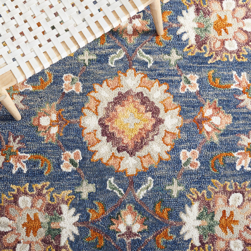 Hand Tufted Wool/Cotton Oriental Rug in White/Brown/Blue, Square 5'