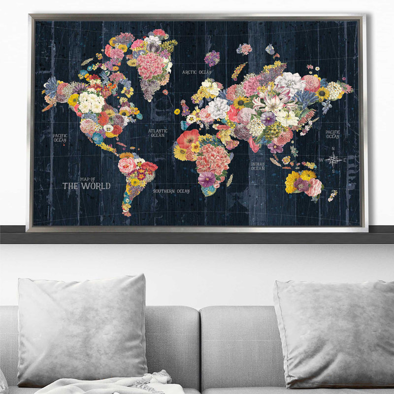 Botanical Floral Map Words - impression d'art graphique, H 27,5 po x l 43,5 po x P 2 po, Cadre flottant argent