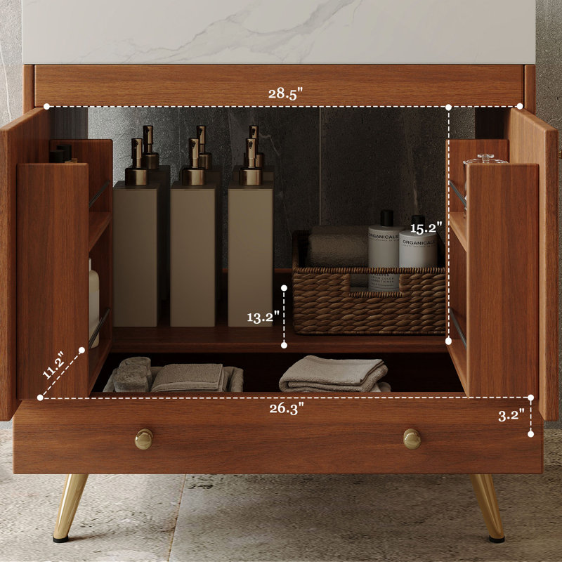 Meuble-lavabo autoportant avec comptoir en faux marbre et lavabo en céramique, armoire de rangement à double porte de 30 po, bois d'ingénierie imperméable, pieds dorés