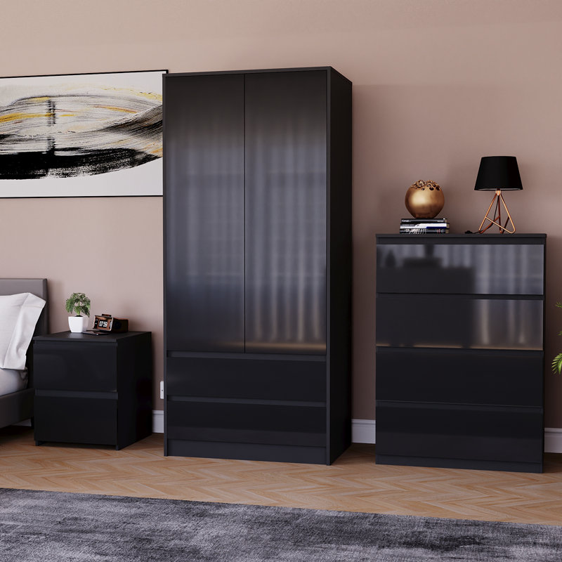 Oslo 3 Piece Bedroom Set (2 Drawer Bedside Chest, 4 Drawer Chest, 2 Door 2 Drawer Wardrobe), (100% FSC), Black