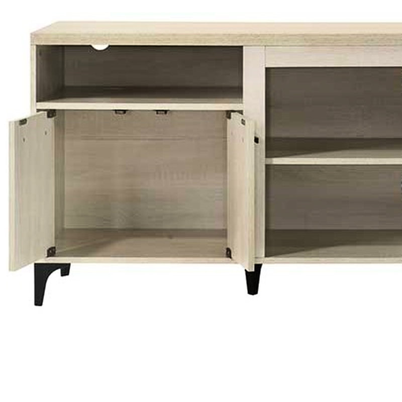 Oak Finish Media Center 70"W, 4-Door With Open Shelves, Adjustable Shelf, Black Legs, Cable Management, Tip-Over Prevention 70"W Tv Stand Oak, Shelves Over Feature Included