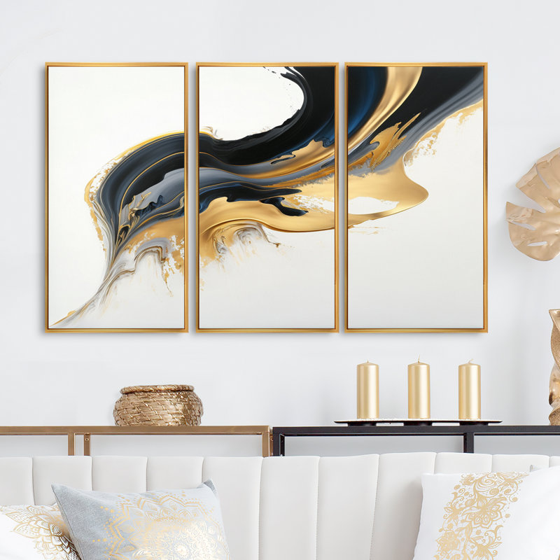 Donalynn noir, blanc et or liquide I - 3 pièces sur toile, H 32 po x l 48 po x P 1 po, Encadrement doré