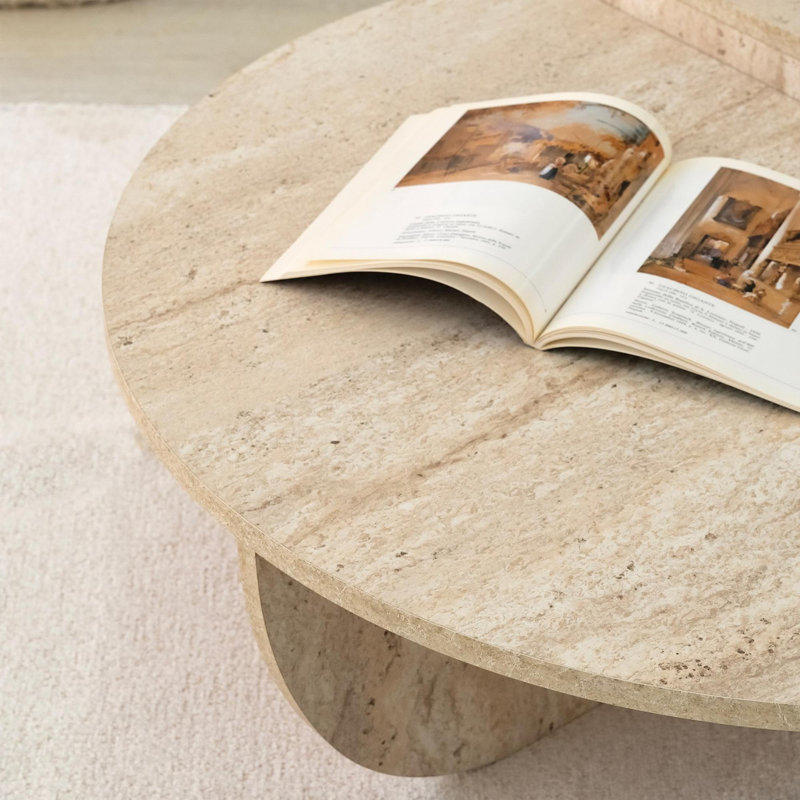 Modern Coffee Table, Travertine Color, 35.4 x 35.4 x 13.8 inches | 100% Melamine Coated Particle Board, Thickness: 0.7 inches | Stylish Solid Beige Design, Perfect for Living Room & Contemporary Spaces, Durable & Easy to Clean
