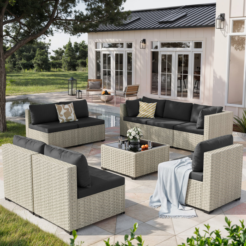 9 Pieces Design-Oriented Rattan Patio Conversation Sets With Cushions, Black