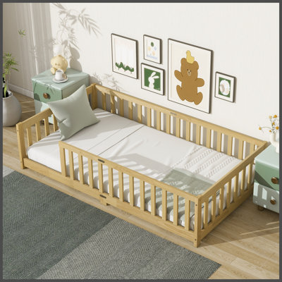 Twin Size Floor Bed with Fence without Door, Rubber Wood Floor Bed with Safety Guardrails,Natural P286397)