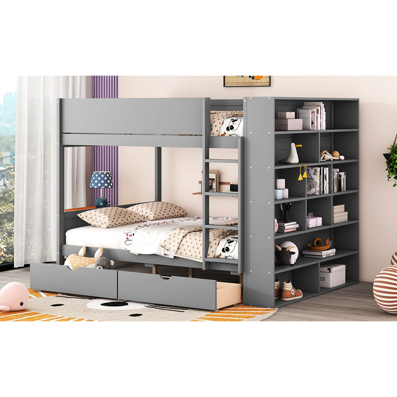 Lit superposé gris avec rangement supplémentaire - 2 tiroirs et armoire multicouche pour une chambre à coucher soignée, Gris