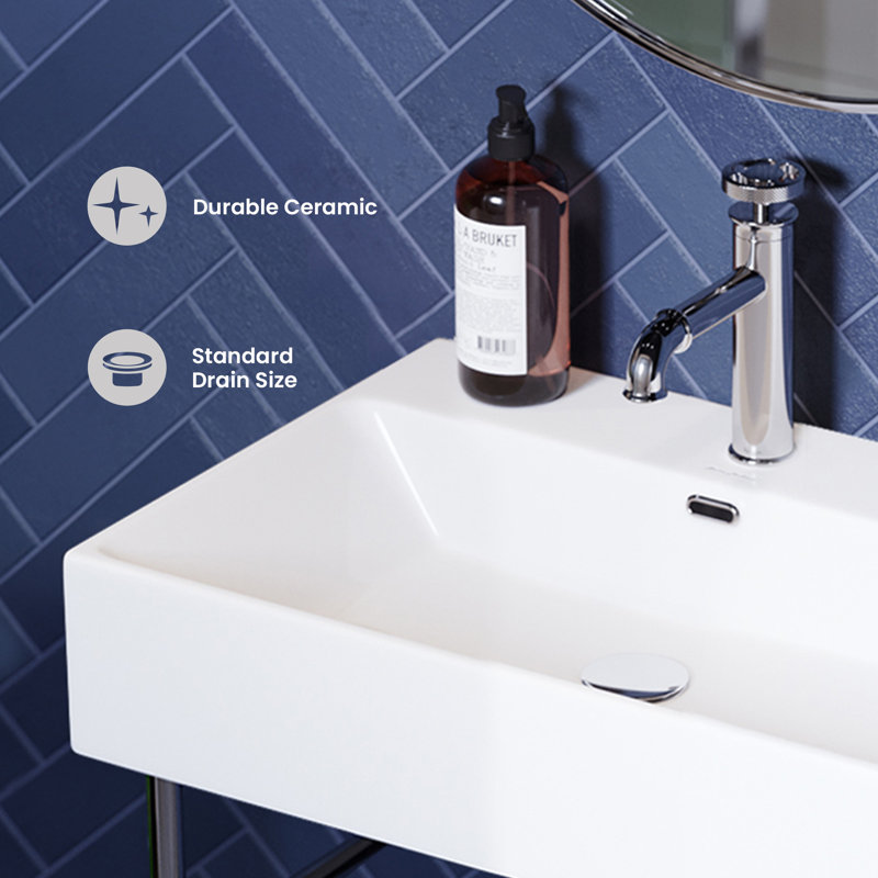 Lavabo console Claire en céramique 24 "avec pattes noires et drain de débordement Claire SM-CS771, Blanc/noir