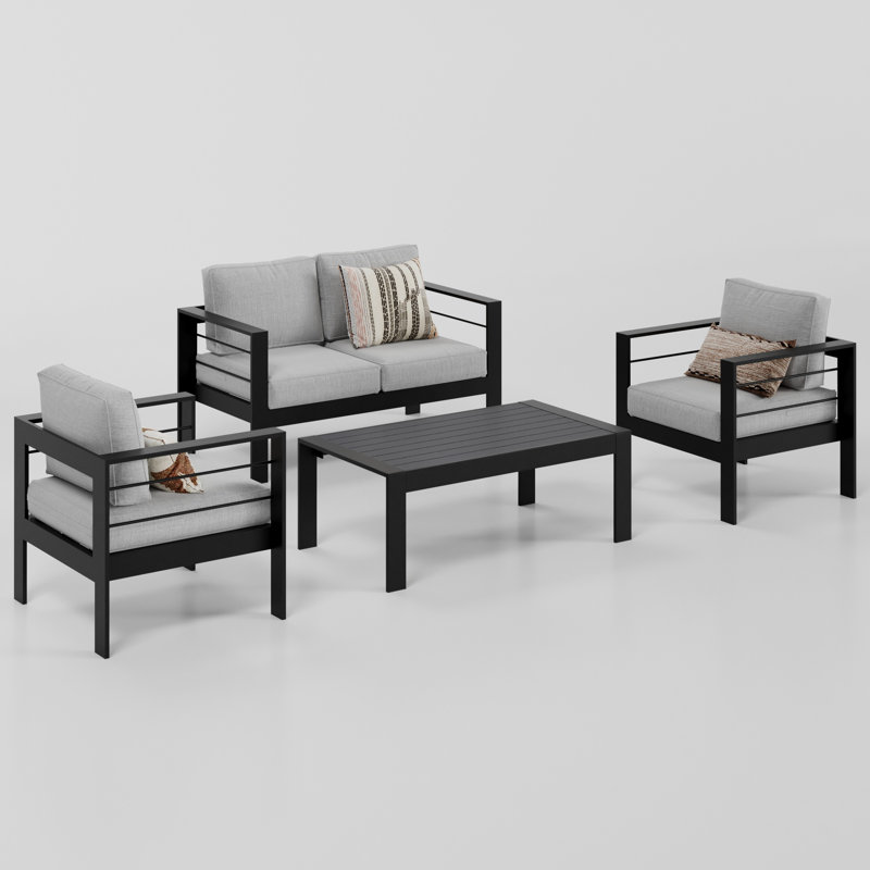 Brandtley Aluminum 4-Person Sofa Seating Group with Cushions, Black Frame/Gray Cushion