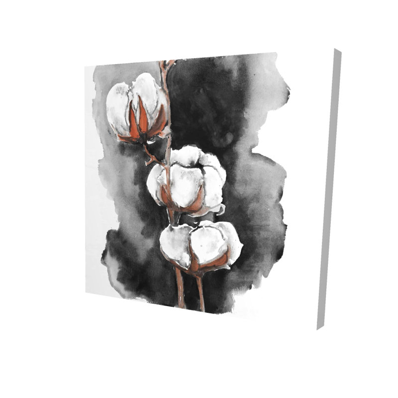 Toile aquarelle avec fleurs de coton | Décoration florale, H 36 po x l 36 po