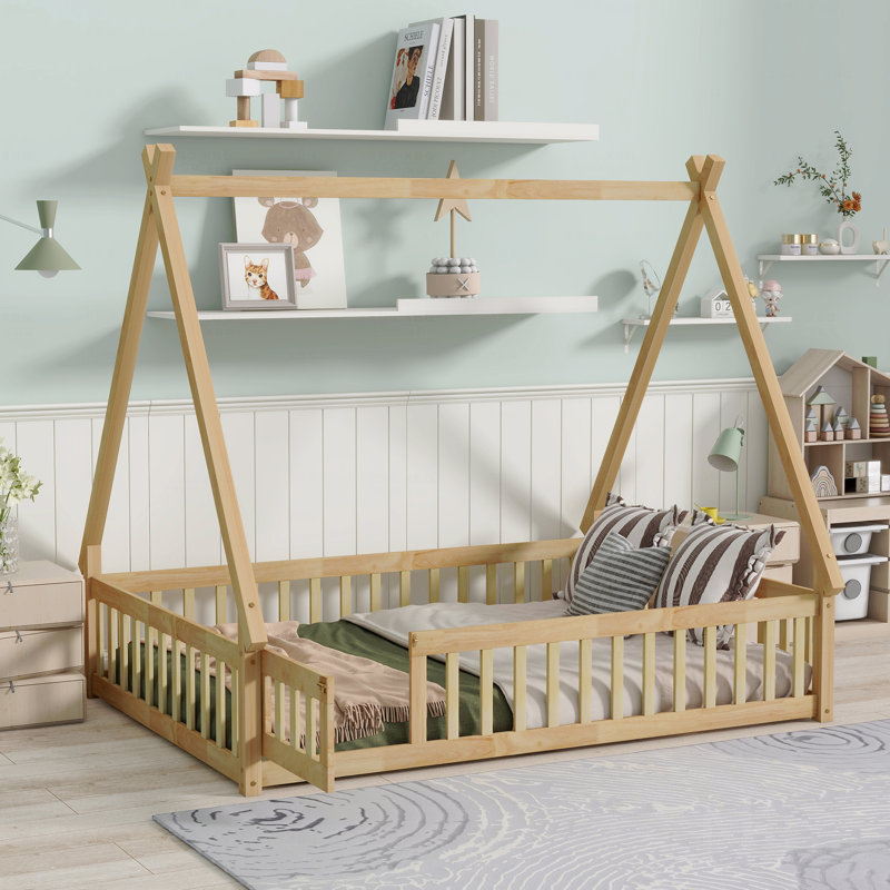 Full Size Rubber Wooden Frame Material Tent-Shaped Floor Bed Frame,With Guardrails,Slats And Door