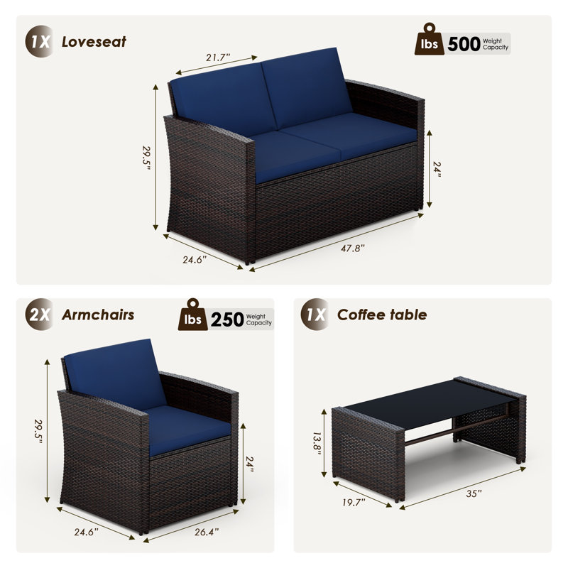 4 Pieces Seating Set With Cushion, Navy