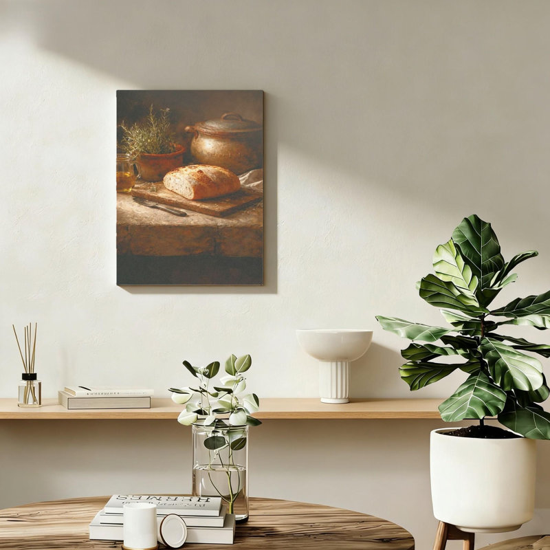 Art mural de cuisine brun brun rustique, support de cadre en bois massif Moody Bread & Olive Oil, 16 po x 24 po