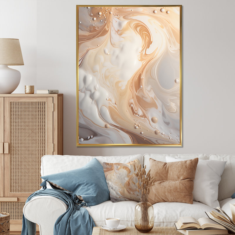 Abstrait blanc laiteux I - Art mural abstrait, salon, Cadre flottant doré, H 20 po x l 12 po x P 1 po