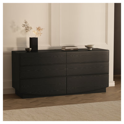 Commode double 6 tiroirs à finition noire avec stratifié grain de bois - armoire de rangement de 72 po de largeur pour la chambre à coucher
