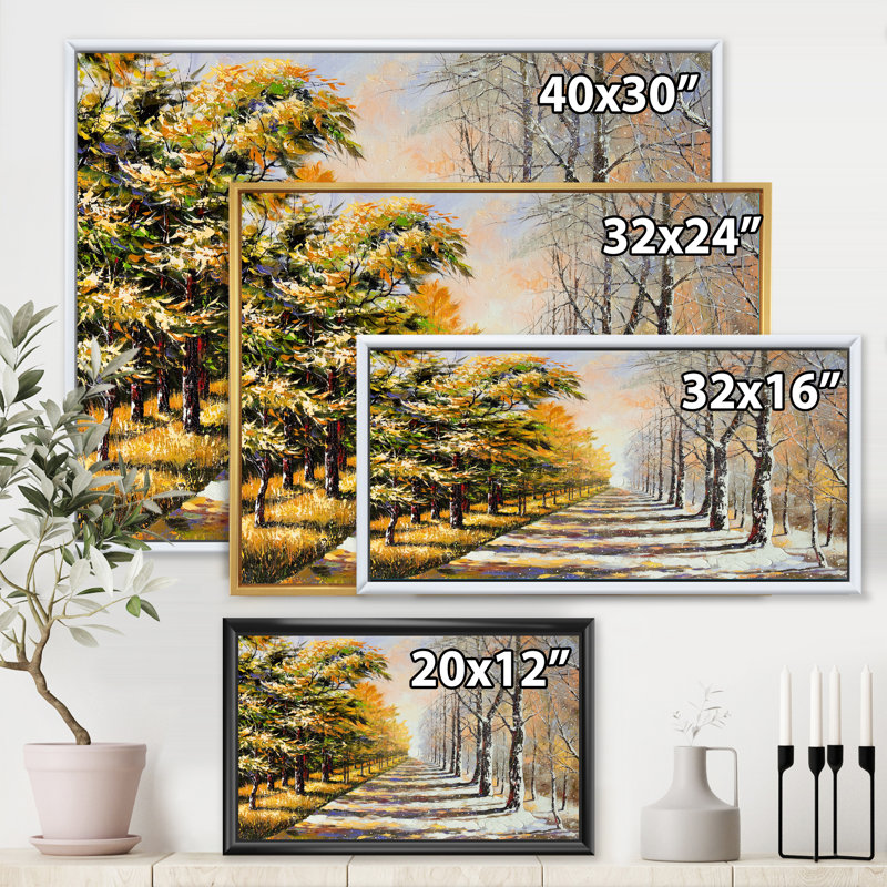 Allégorie sur le thème de l'hiver et de l'automne - Peinture sur toile, Cadre flottant doré, H 30 po x l 40 po x 1,5 po