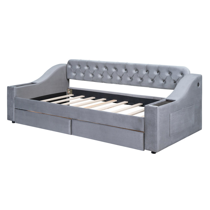 Gray Upholstered Twin Daybed With Armrest Storage & - Practical Bedroom Addition Elegant Sleeping Option, Gray