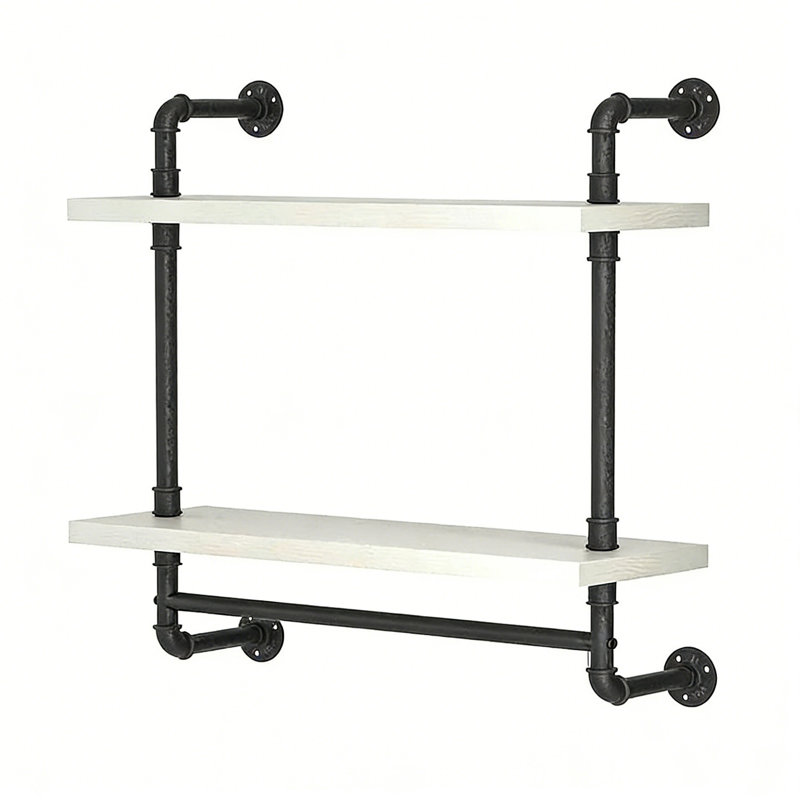 24 Inch Industrial Pipe 2 Tier Wall Shelf With Towel Bar, White/Black