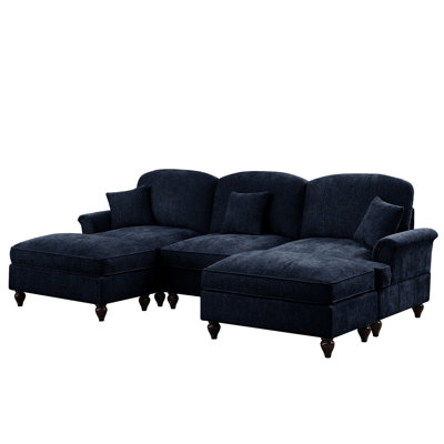 Blue Chenille Cloud With Flared Arms, Removable Ruffles Pleats Skirts, And Spindle Legs, Soft Comfortable High - Density Foam Padding Movable Throw Pillow For Posture Comfy Upholstered 3 Seat Curved