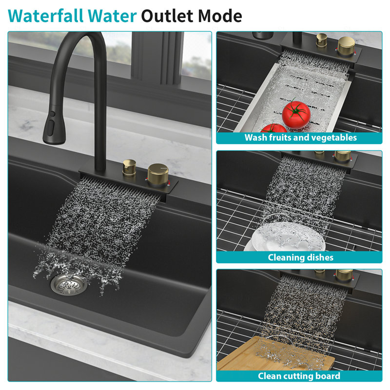 Évier de cuisine à fixation en cascade avec lavabo encastré 33 po x 22 po x 10 po en granite composite noir