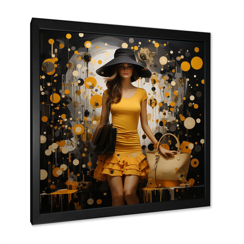 «Yellow Fashionistas Dream Pointillism II» - Imprimé, H 16 po x l 16 po x P 1 po, Cadre simple noir