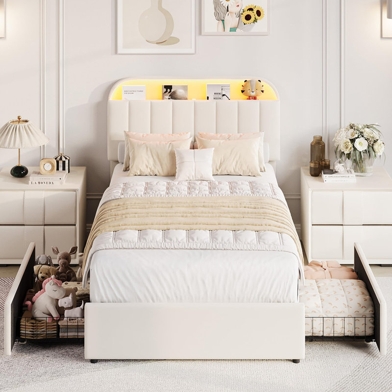 Grand / double / simple lit en velours avec tête de lit réglable et rangement à 2 tiroirs avec plateforme et sommier sans assemblage facile pour la chambre à coucher