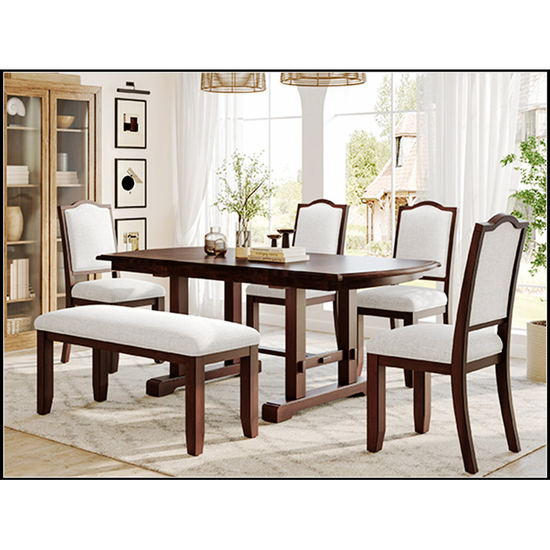 Ensemble de table de salle à manger extensible en bois 6 pièces avec rallonge amovible, chaises rembourrées et banc pour une assise confortable