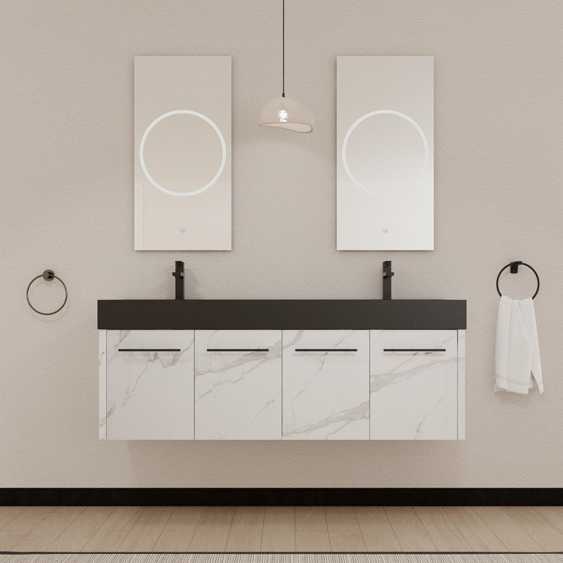 Meuble-lavabo mural 60 po avec lavabo, lavabo en résine noire à double rebord épais, ensemble KD, Blanc, Noir