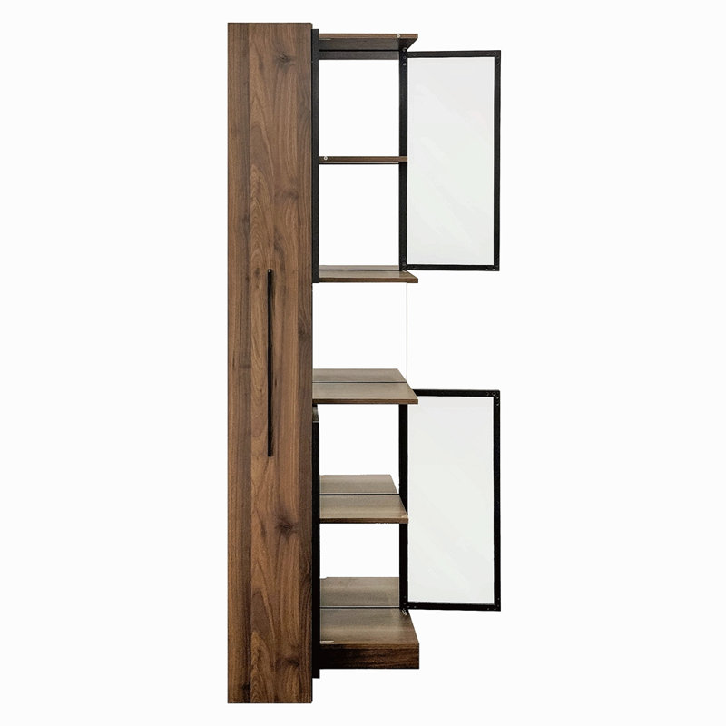 70" Display Cabinet With Glass Doors And Lights, With Multi-Functional Pull-Out Multi-Tier Storage Shelf , Wooden Display Storage Cabinets