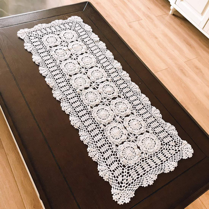 Rectangular Cotton Handmade Crochet Lace Table Runner Doilies Table Dresser Scarf ,16 Inch By 55 Inch,White