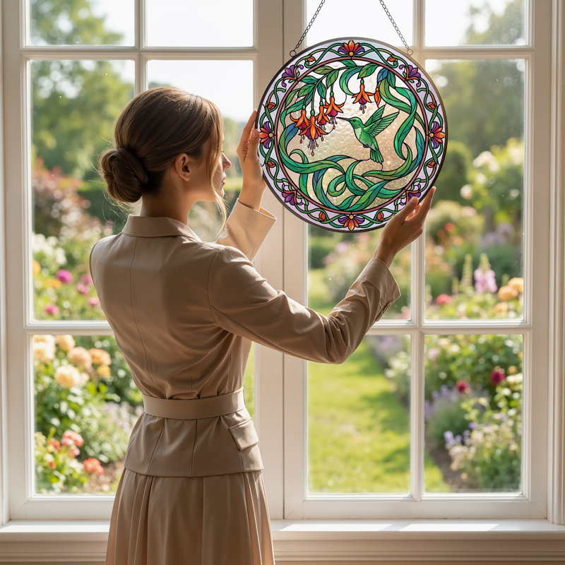 Vitrail de vitrail Hummingbird Floral - 7,8 H, 7.8"H