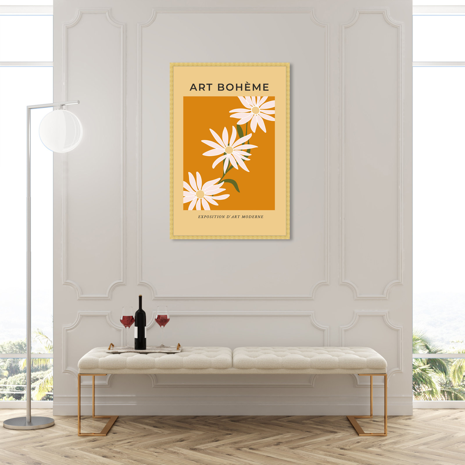 French "White Daisy" Print by Oliver Gal, 47" H x 32" W, Gold Framed Paper