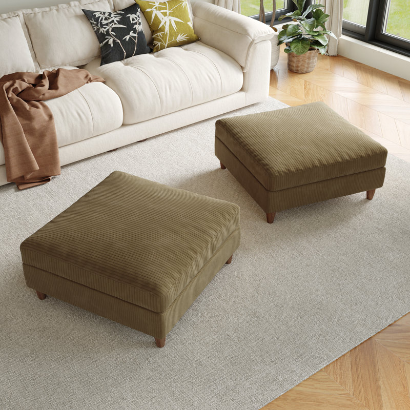 Upholstered Camel Square Corduroy Ottoman with Solid Wood Legs, Ottoman Modular Part For Sectional Sofa, Camel