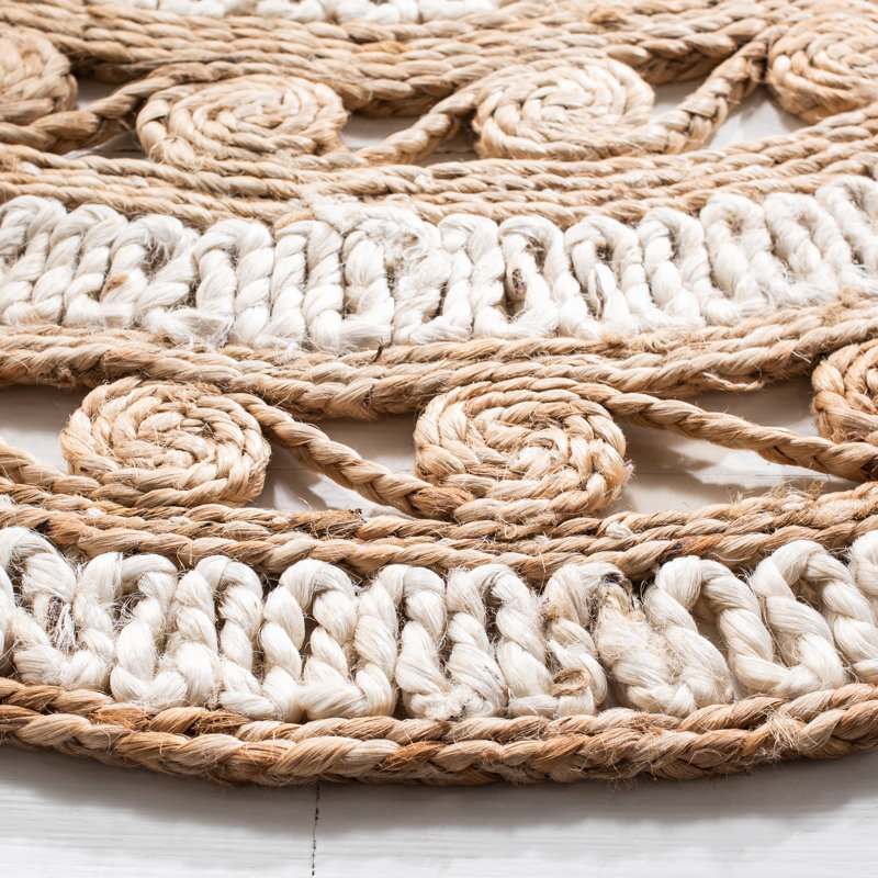Tapis blanc / naturel en jute / sisal tissé à la main à plat, Rond 7 pi