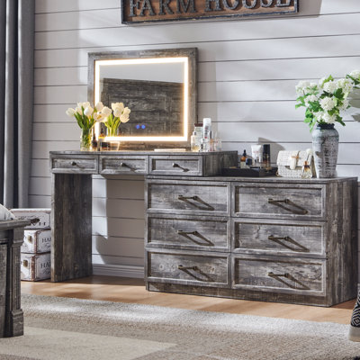 69" W Large Vanity Desk with 30" Lighted Mirror & 9 Drawers, Farmhouse Corner Makeup Table with Glass Top by Millwood Pines