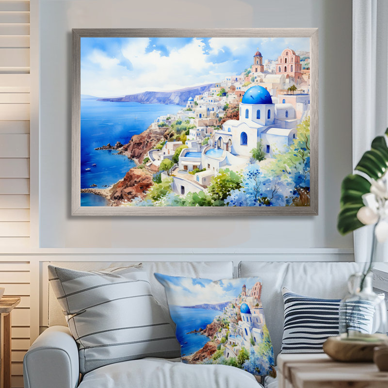 Santorini, Grèce, village côtier, sérénité I - Grèce, art mural, Cadre de coin argenté fermé, H 30 po x l 40 po x P 1,5 po