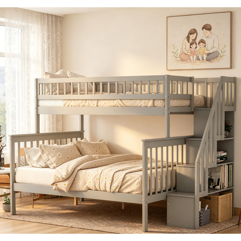 Lit superposé simple au-dessus de l'escalier simple avec rangement, design gris, peu encombrant et élégant pour les chambres d'enfants