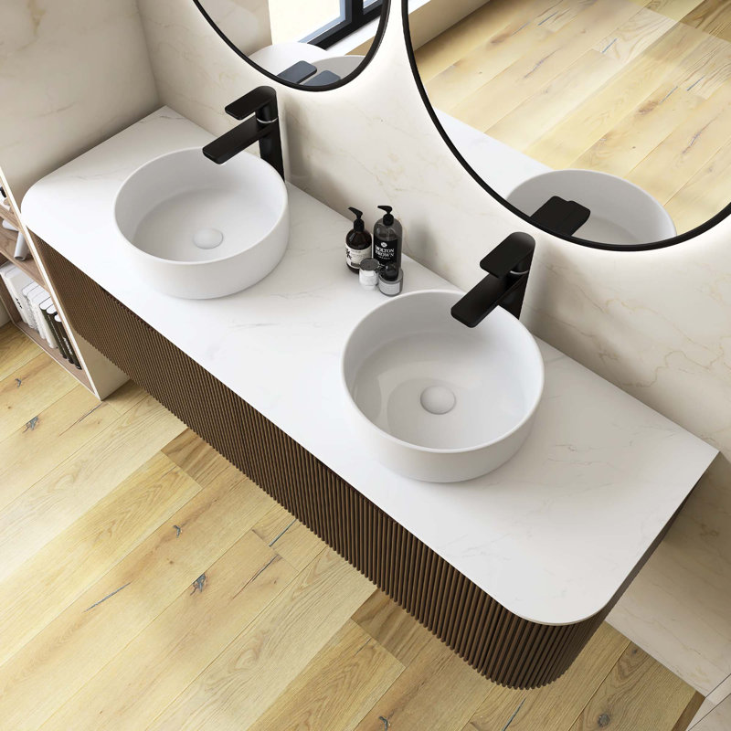 Meuble-lavabo mural rayé à rebords incurvés pré-assemblés avec lavabo, tiroir, lavabo en céramique blanc sans robinet