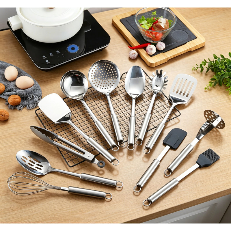 Ensemble d'ustensiles de cuisine 8 pièces, ensemble d'outils de cuisine en acier inoxydable avec support, 12 pièces