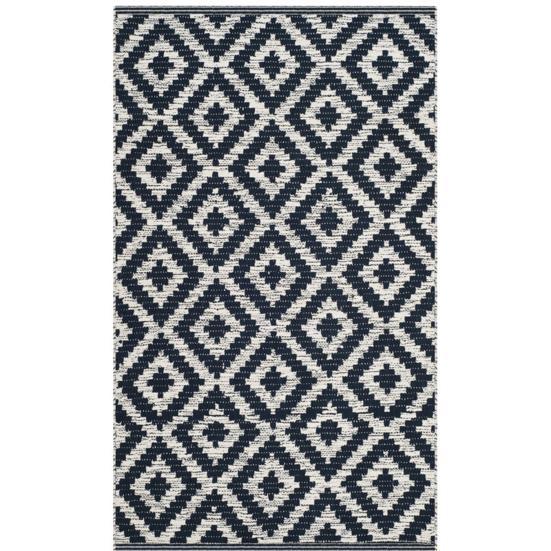 Tapis bleu marine/ivoire en coton à tissage plat fait main géométrique Harlow, Rectangle 8 pi x 10 pi