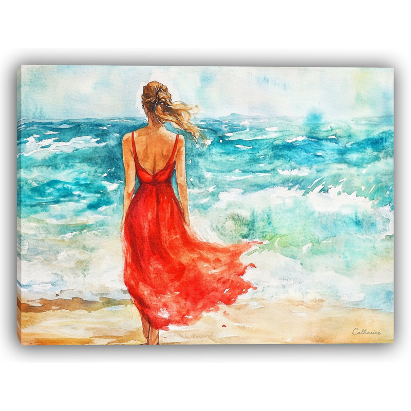 Scarlet Shoreline - femme gracieuse au bord de l'océan